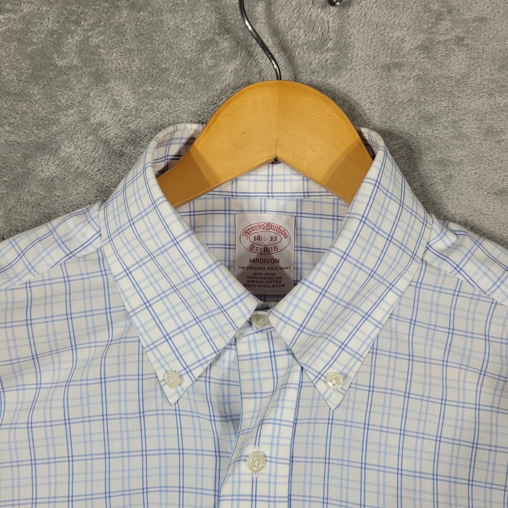 Brooks Brothers Dress Shirt Mens 14.5-33 Blue Madison Plaid Cotton - Picture 6 of 11